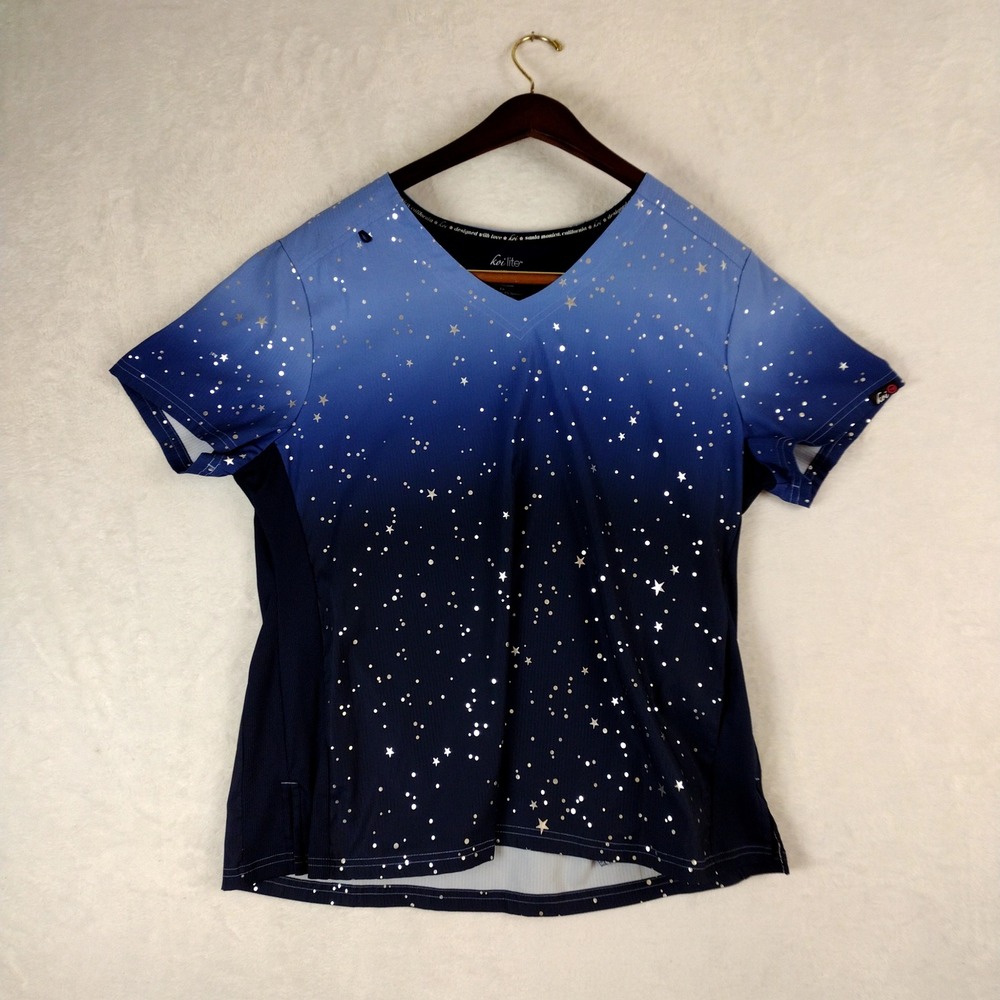 Koi Lite Serenity Ombre Star Print Scrub Top Blue Silver Foil XL 370F Slim Fit